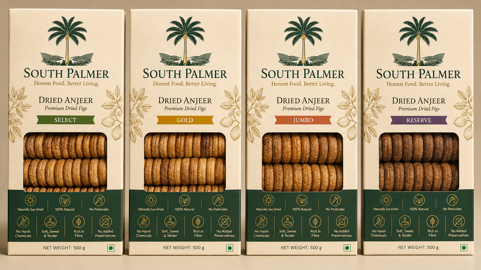 South Palmer premium Dried Anjeer range — Select, Gold, Jumbo and Reserve boxes