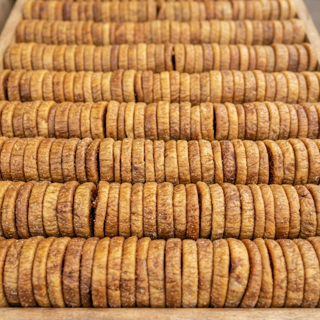 Close-up of soft, golden South Palmer sun-dried figs with fresh figs and leaves